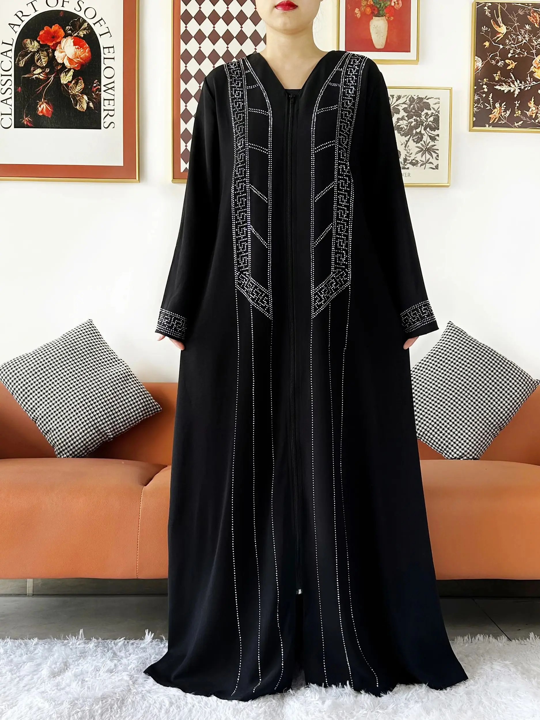 New Women Elegant Dress Chiffon Open Abaya with Zipper Muslim Women Dress Islamic Clothing Cardigan Abaya Women Muslim Dress