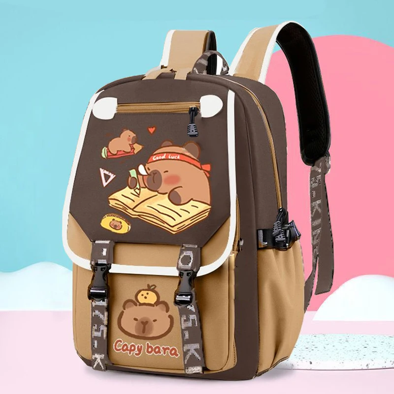 Kawaii Capybara أنيق الكاكي طفل على ظهره حقيبة مدرسية عارضة Daypack المراهقين صبي فتاة حقيبة كتف الأطفال المدرسية على ظهره #1