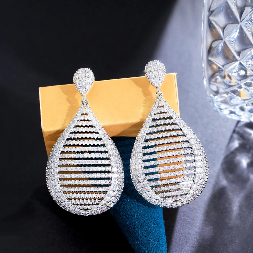 ThreeGraces Luxury Cubic Zirconia Silver Color Long Big Dangle Bridal Wedding Earrings for Women Fashion Brand Jewelry E1112