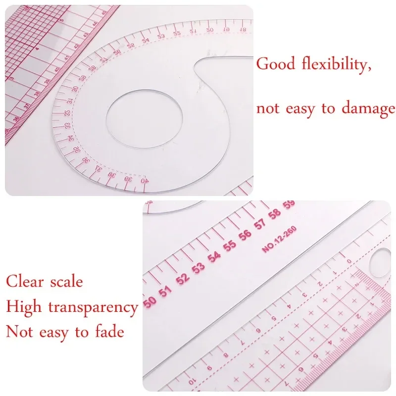 1/6PCS Multifunctional French Curve Ruler Soft Plastic Patchwork Ruler Measure Dressmaking Drawing Template Craft Sewing Tools