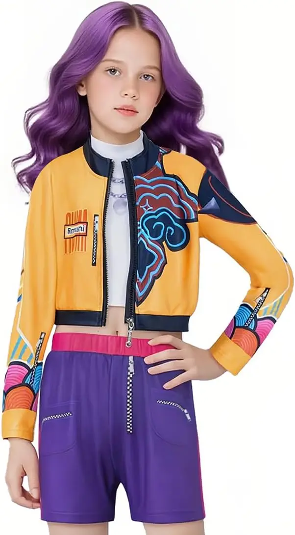 

Костюмы демона на Хэллоуин, пальто с вышивкой в стиле поп-певицы, топ и шорты, костюм для танцевальной сцены, комплект костюмов Зои Руми Мира, детский костюм