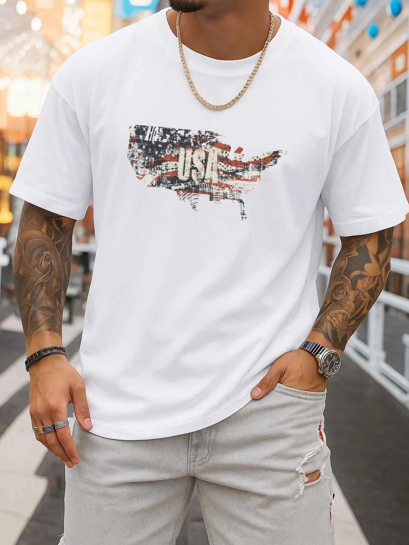 American Flag Map Print T-Shirt for Men, White Casual 2026 All-Season Fitness Top, Stylish Sporty Look, Durable Sportswear Regular Fit, Comfortable for Daily Wear, Casual Urban Style Trendy Print Design