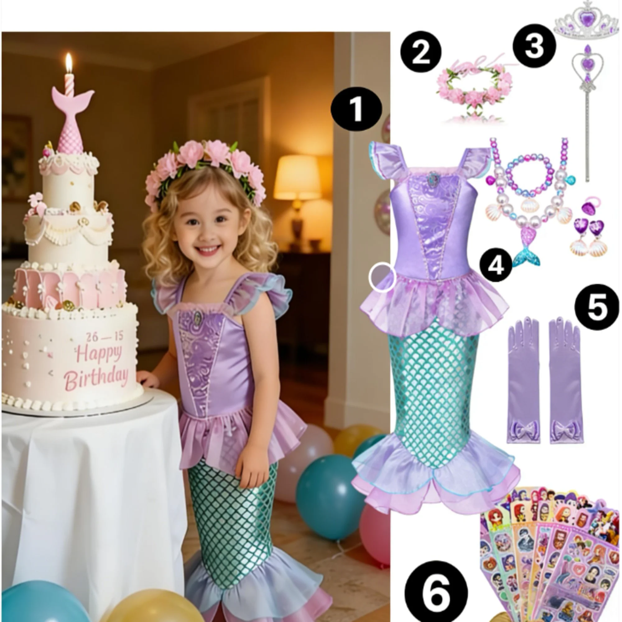 

Girls Shiny Little Mermaid Ariel Costume Princess Dress Full Accessories Set for 3-10Y Kids Birthday Halloween Fancy Outfit