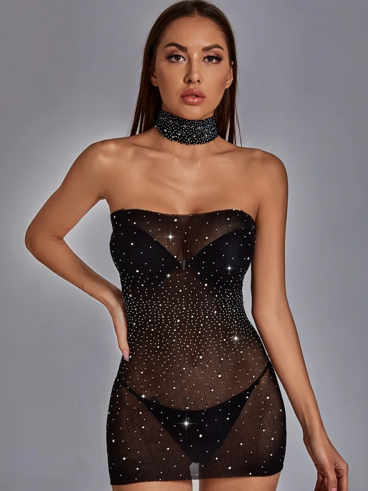 

SKMY Summer Clothes For Women 2024 New Sexy Strapless See-Through Mesh Dress Cover-Ups Diamond Dress Bodycon Night Club Outfits