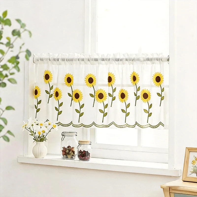 Half-Window Curtains Short Curtains Sheer Fabric Lace Floral Pattern White Kitchen Home Decoration High Light Transmittance