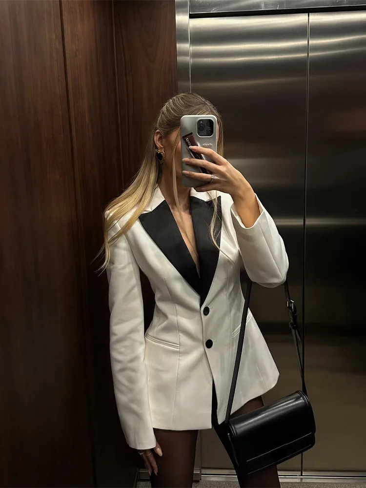 Women Fashion Contrast Lapel Button Suit Jacket Elegant Slim Fit Long Sleeve Coat 2025 New Lady Banquet Party High Streetwear