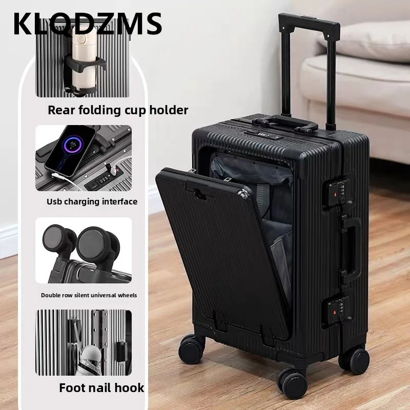 

KLQDZMS 20"24 Inch Front Opening Aluminum Frame Boarding Laptop Trolley Case ABS+PC Suitcase USB Charging Cabin Luggage Bag