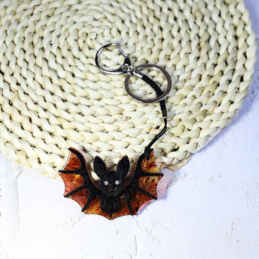 Handmade Arcylic Keychain Cute Animal Halloween Bat Stainless Steel Key Ring Key Chain for Women Girl Gifts Jewelry Accessories