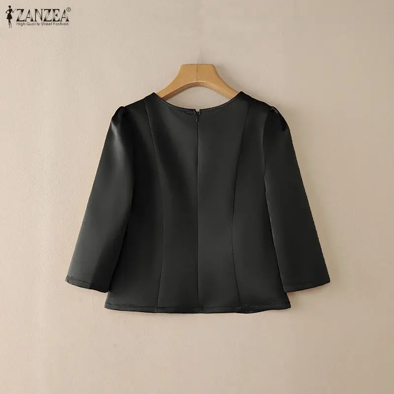 Elegante schwarze Satinblusen für Damen, Retro-Prinzessinnennähte, taillierte kurze Oberteile mit 3/4-Ärmeln, O-Ausschnitt, Hochzeitsgast-Damenkleidung