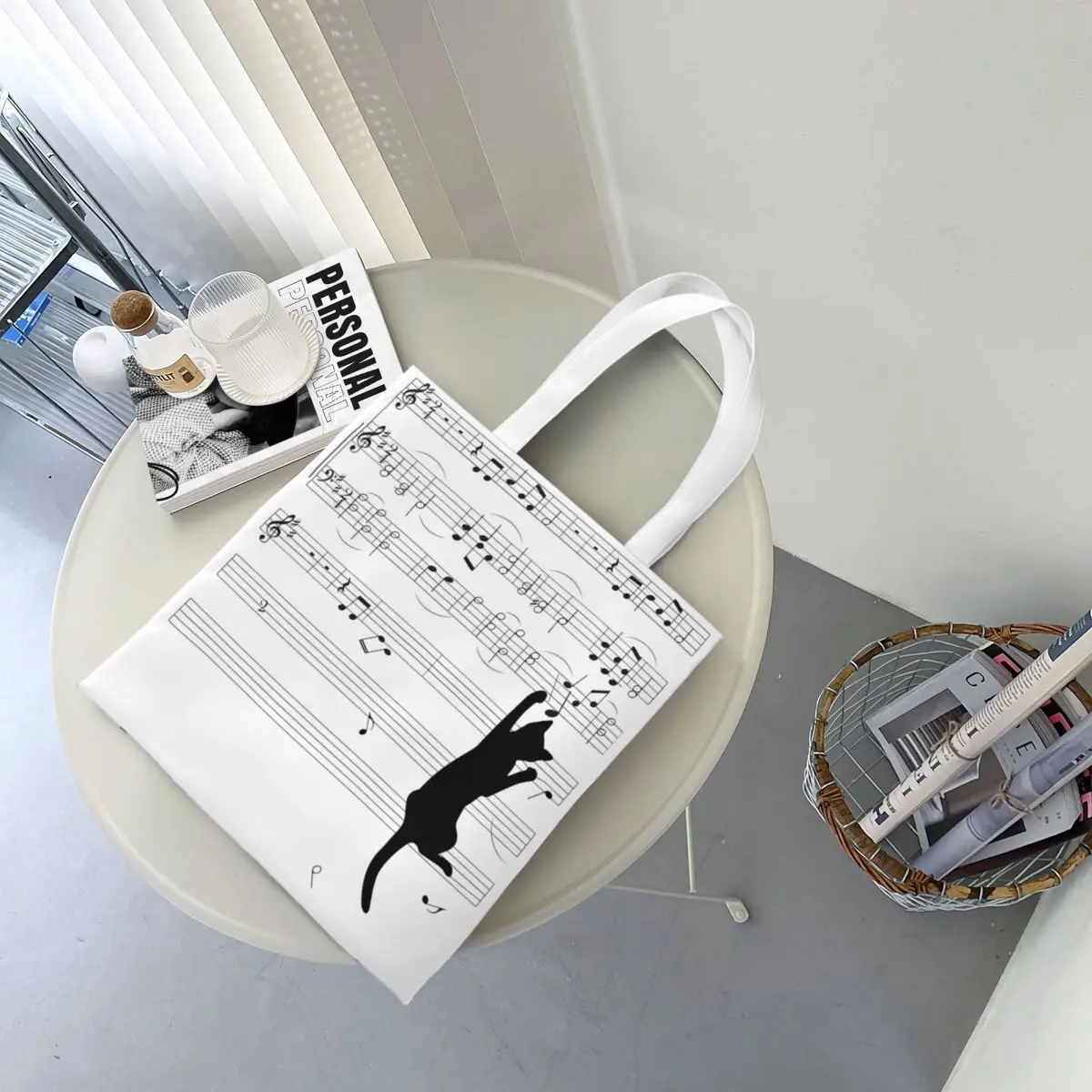 Mischief Musical Symbols Cats Canvas Tote Bag Reusable Large Capacity Fashion Bags for Women Men