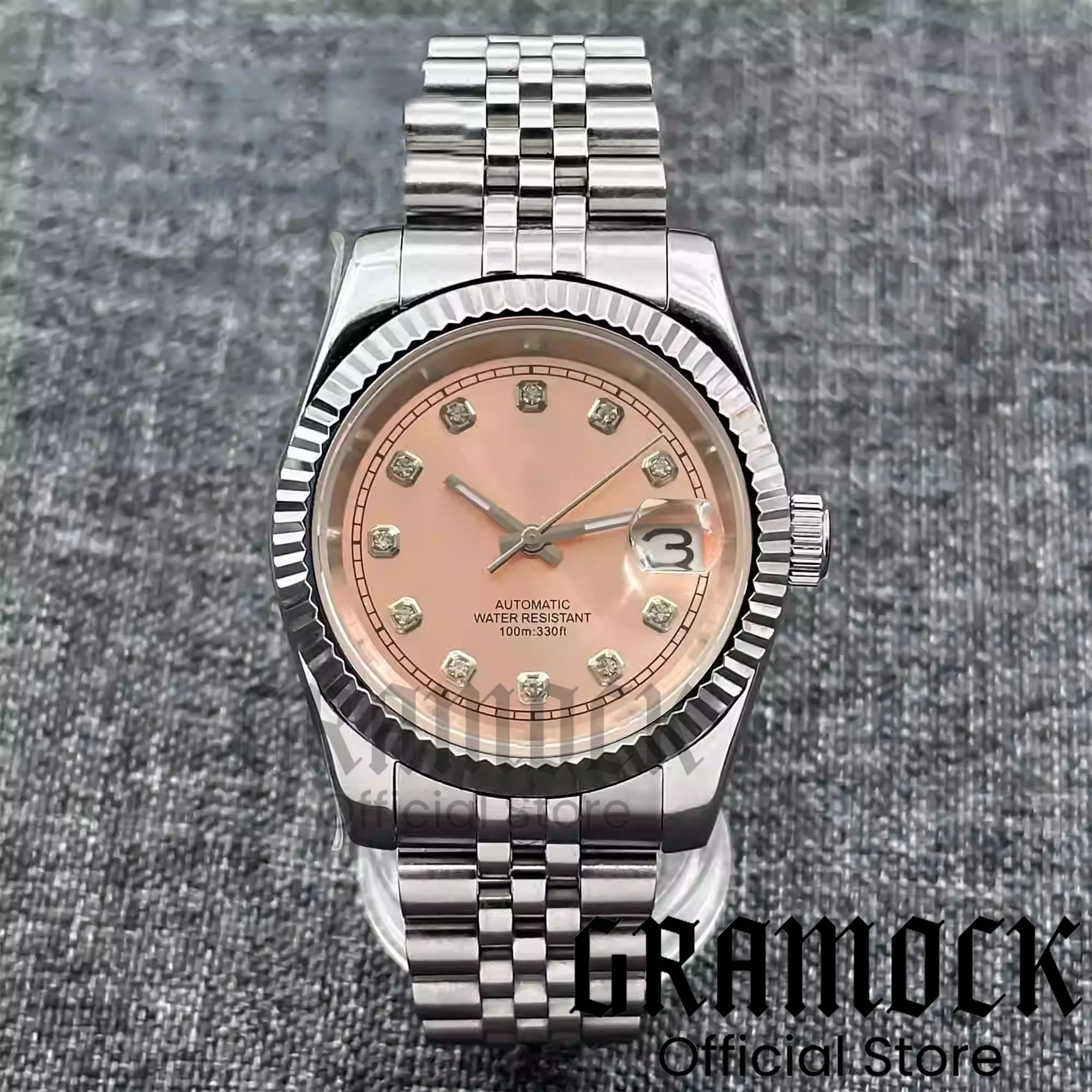 Gramock 36mm/39mm męski zegarek gniazdo Sunburst puder Dial diamentowy indeks NH35A mechanizm automatyczny srebrny/różowe złoto bransoletka jubileuszowa