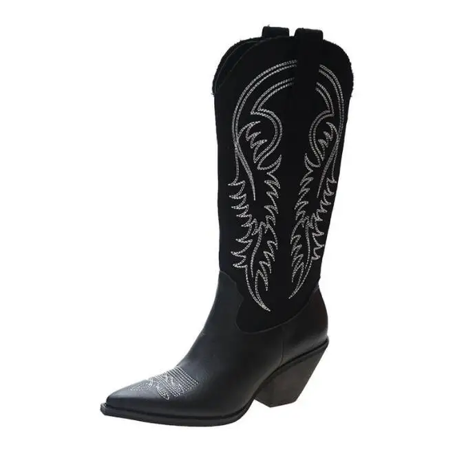 Fashion Embossed Black Leather Women Boots Western Cowboy Boots Women Knee-High Boots vintage pointed toe boots Large size