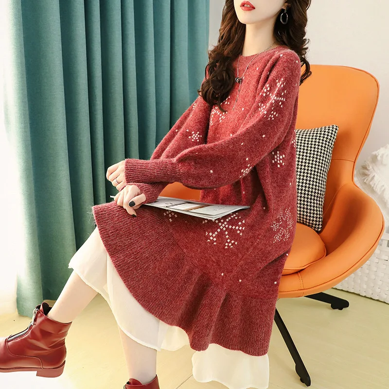 Women Print Dress Christmas Full Sleeve Thick Warm Long Dresses A Line Knit Round Neck Mesh Spliced Elegant Vestidos Winter