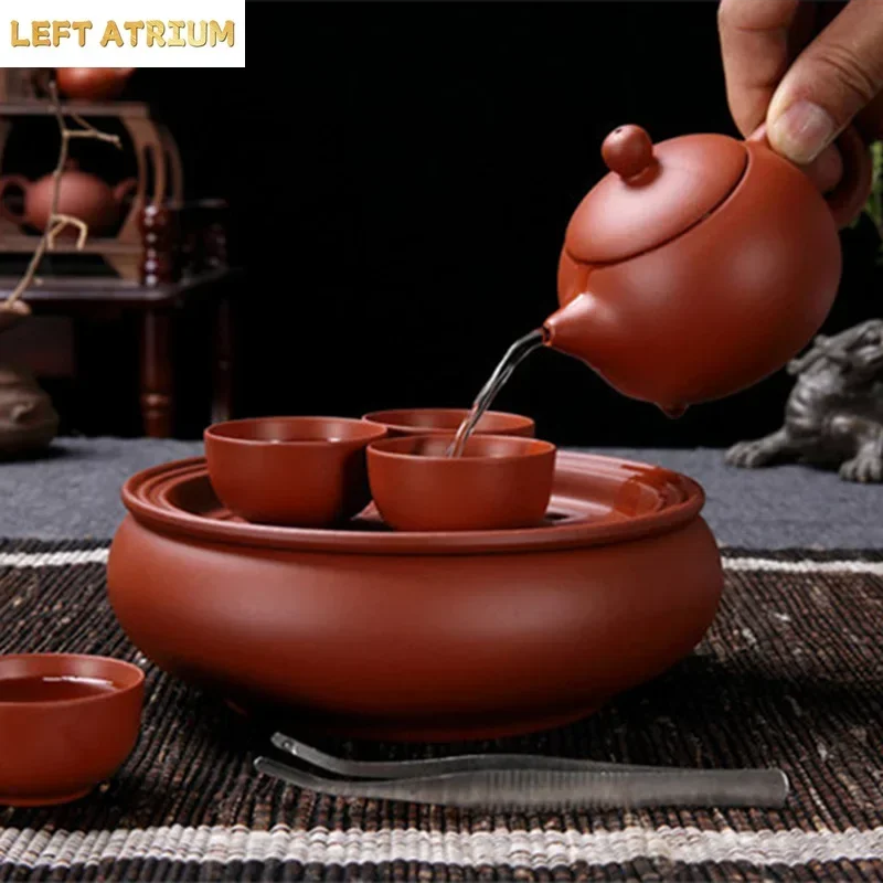 Travel Tea Set Red Storage Bag Portable Purple Sand Cup Pot Ceramics Round Tea Tray Kung Fu Tea Utensils 7 Piece Set Teaware