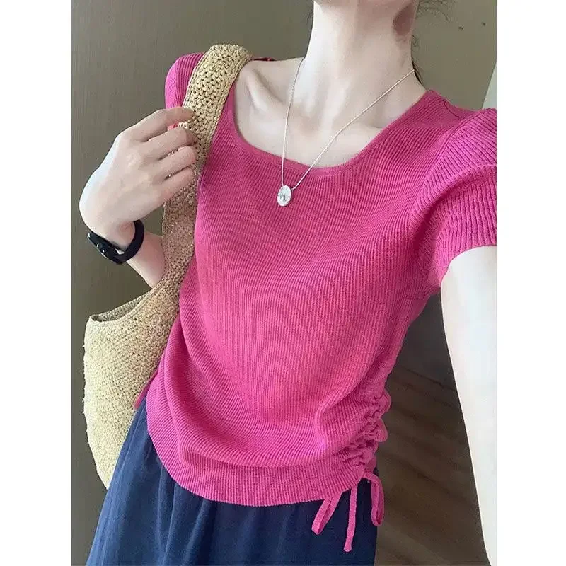 

Pink Knit Short Sleeve T Shirt With Side Lace Up Detail For Women Casual Summer Wear Slim Fit Round Neck Design