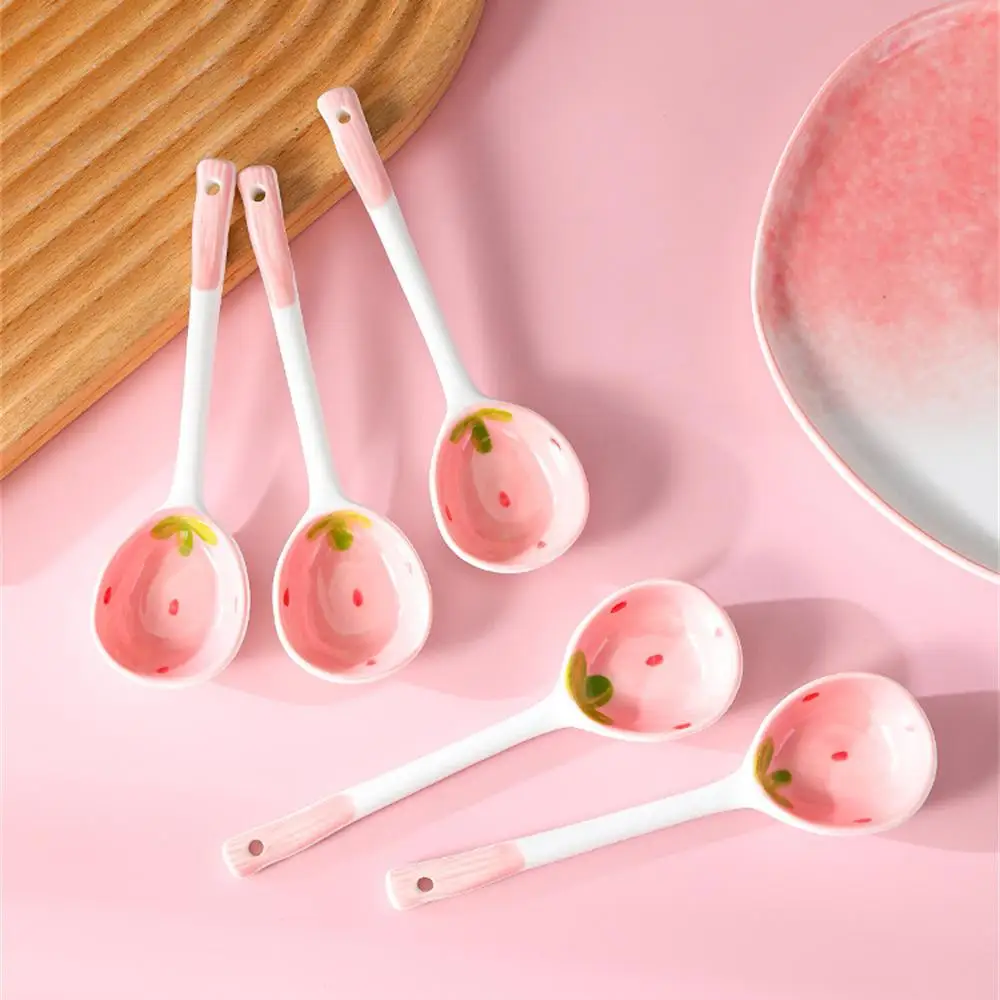 Strawberry Long Handled Ceramic Spoon Cute Household Stirring Spoon High Appearance Spoon Children's Soup Spoon