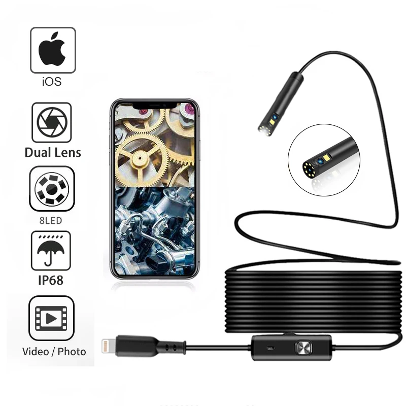 8MM Dual Lens Industrial Endoscope Camera Direct Connect with IOS IPhone  Pipe Inspection Borescope  IP68 Waterproof Hard Wire