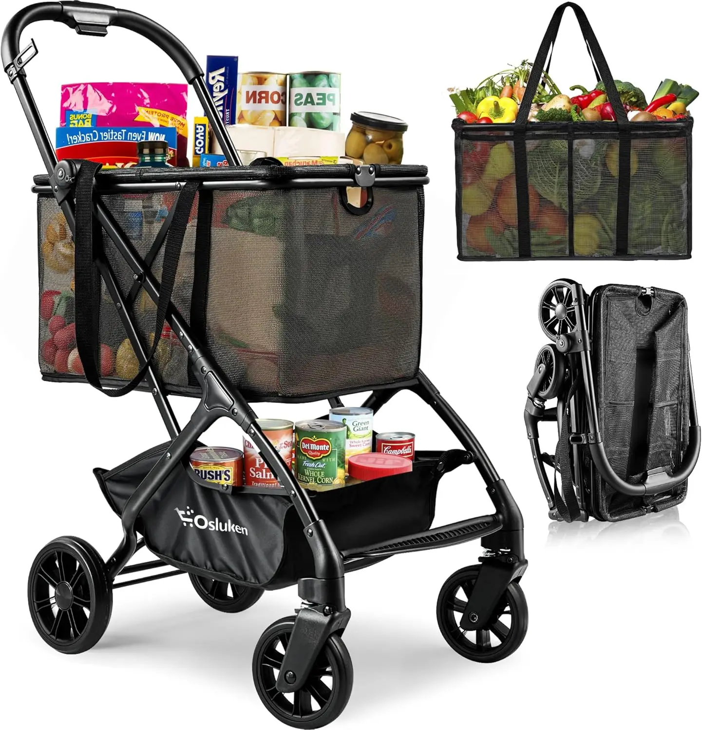 Foldable, 75Lbs Folding Shopping Cart with Wheels Removable Basket, One-Click Folding, Portable Collapsible Shopping Cart for Gr