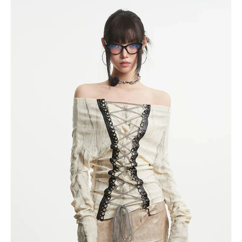 

MEXZT Y2K футболки с разрезом на шее, женские уличные футболки в стиле Харадзюку, бандажные топы с принтом, сексуальные футболки с открытыми плечами в стиле гранж, одежда с длинными рукавами, новинка