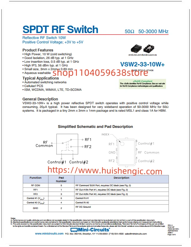    VSW2-33-10W+  RF Switch IC Mobile, ISM, PCS, LTE, TDS-CDMA, W-CDMA, WiMAX SPDT 50m Original Stock