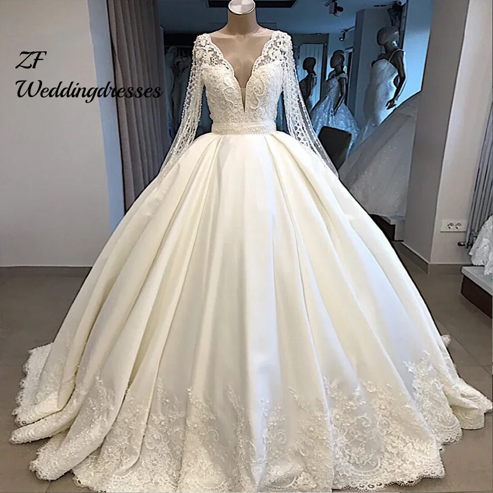 Customized a Line Sexy V Neck Wedding Dress Satin Skirt Full Sleeve Bling Bling Plearls Bridal Dress vestido de novia