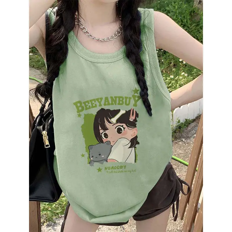 STSVZORR Green Tank Shoulder Sleeveless T-shirt Women's Summer Sweet and Unique Kawaii Y2K Tank Top