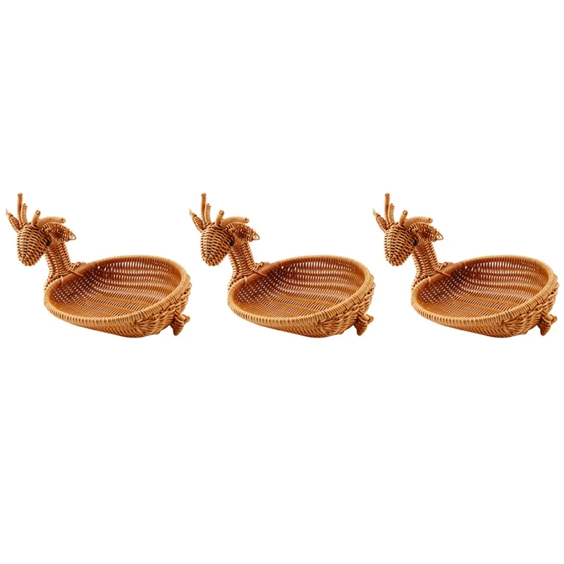 

3X Rattan Woven Fruit Basket, Imitation Deer Bread Basket Fruit Bowls Tray Vegetable Novelty Animal Shaped Basket Small