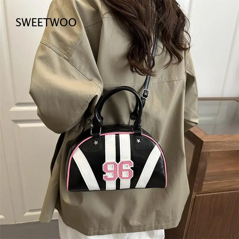 Y2K Retro Bowling Handbag Red White Stripe Number 96 Decor PU Top Handle Removable Crossbody Strap