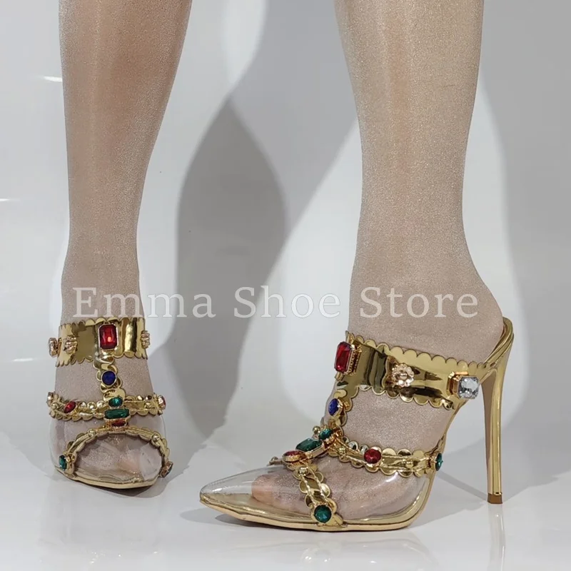 

Gold Metal Frame Pointed Sandals Roman High Heel Diamonds Party Slippers Stiletto Fashion Jewel Embellished Women's Shoes