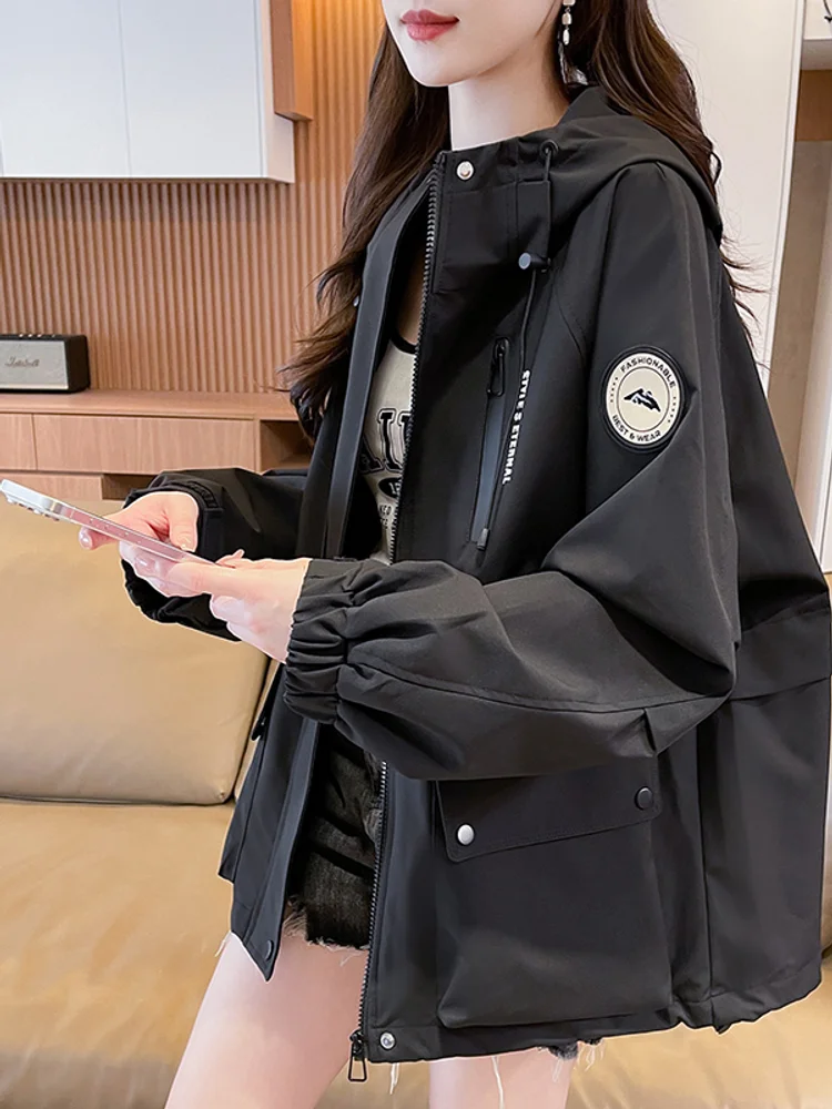 Spring Autumn Badge Assault Coat Women Loose Casual Fashion Outdoor Mountaineering Sports Workwear Windproof Hooded Outerwear