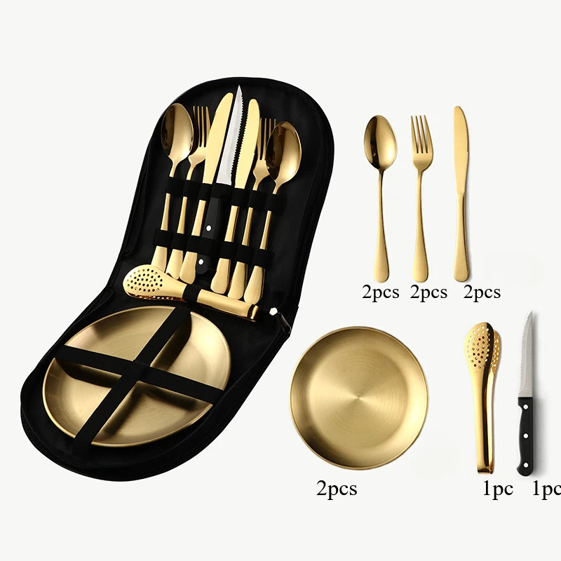 

stainless steel tableware camping picnic barbecue plate clip steak knife fork spoon set portable storage bag 10 pieces Cutlery