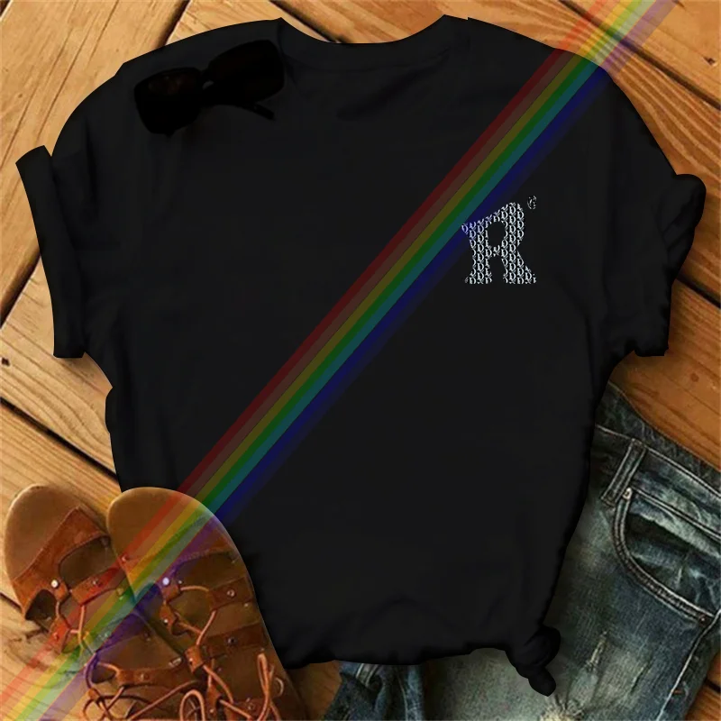 Estilo quente marca de luxo camiseta 100% algodão carta r impresso camiseta 2025 verão harajuku feminino manga curta camiseta topo