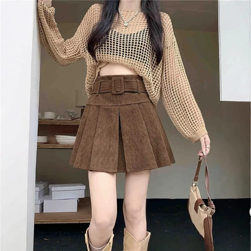 

Вельветовая плиссированная женская осенне-зимняя новая модная однотонная свободная многофункциональная облегающая юбка с высокой талией