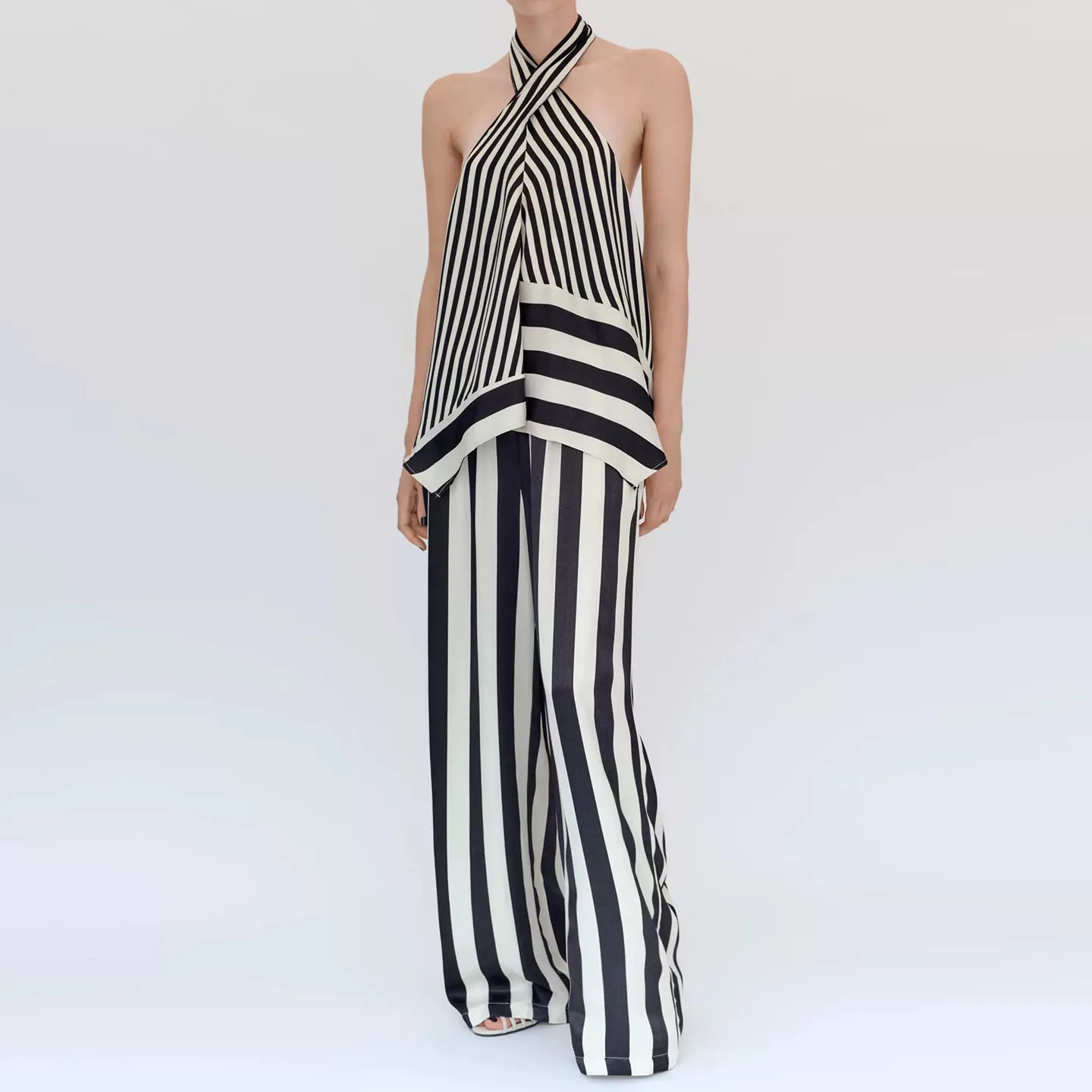 ZADATA Women's Fashion Set Summer 2026 Wide Leg Pants Color Block Neck Hanging Shoulder Stripe Top Long Pants Four Seasons