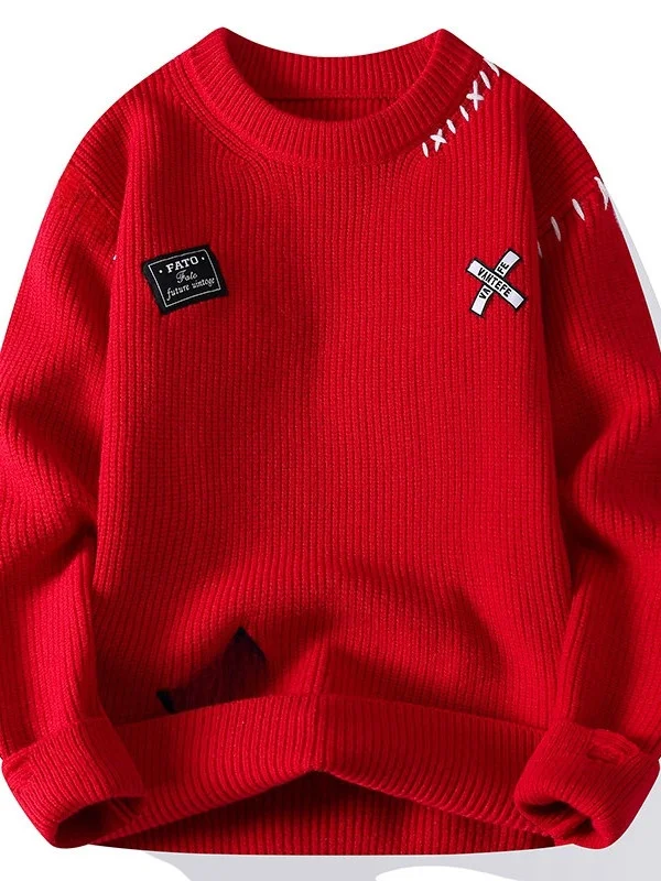 

Мужской повседневный трикотажный джемпер свободного кроя с круглым вырезом, красный, из полиэстера, с длинным рукавом, для молодежи, базовый слой