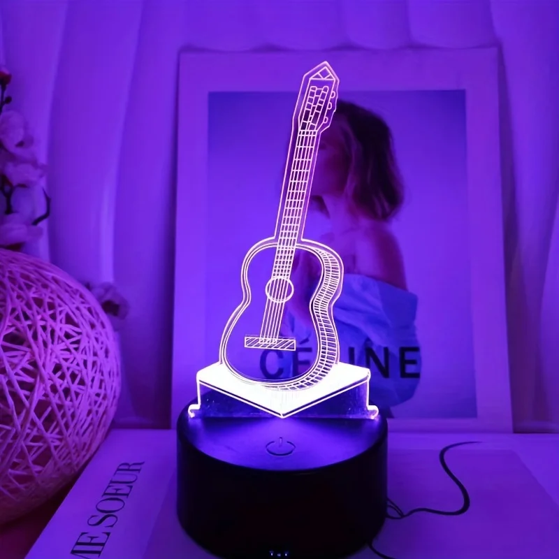 1pc Guitar 3D Night Light, 3D Optical Illusion Lamp With Touch, 7-Color Changing Ambient Light For Bedroom