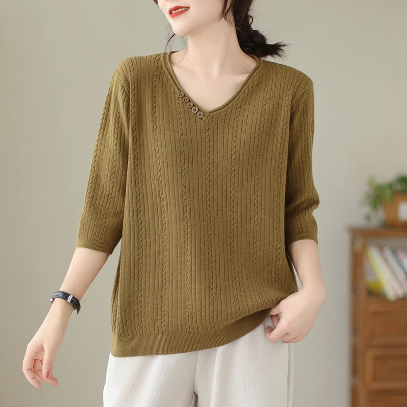 Blusa de Malha Fena Plus Size com Decote em V Solto para Outono Inverno, Csa Base de Manga Média Confortável e Respirável