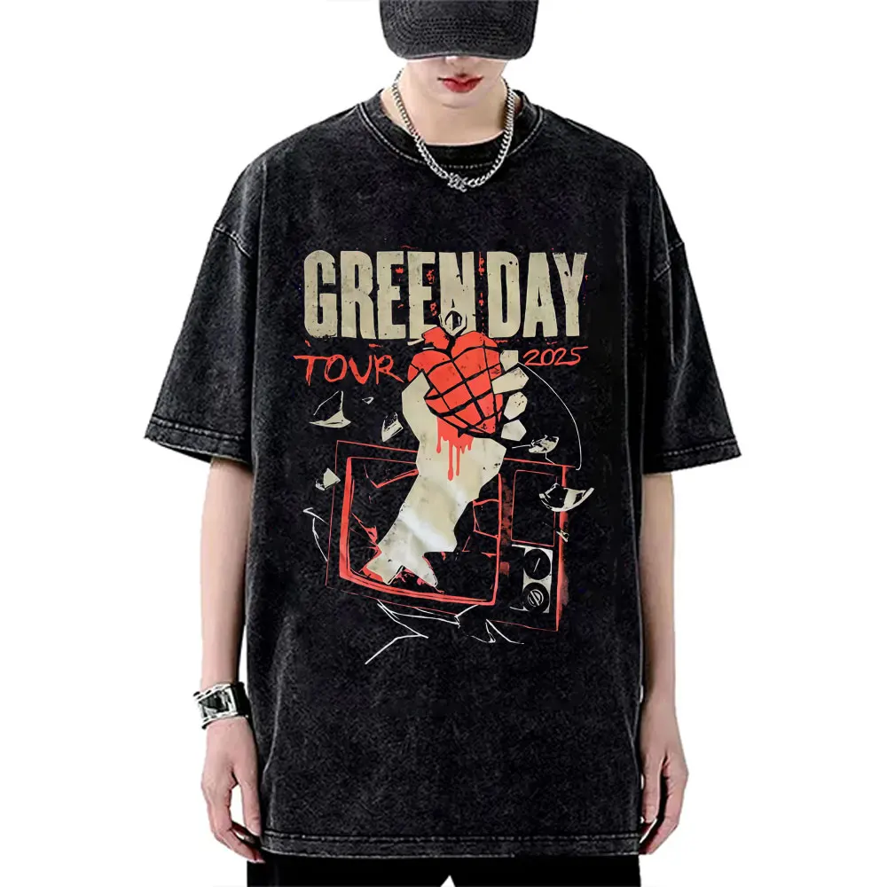 

Hot Sale Punk Band Green Day American Idiot Tour 2025 Washed Vintage T-shirt Men Women Rock Street Oversized Crewneck T-shirts