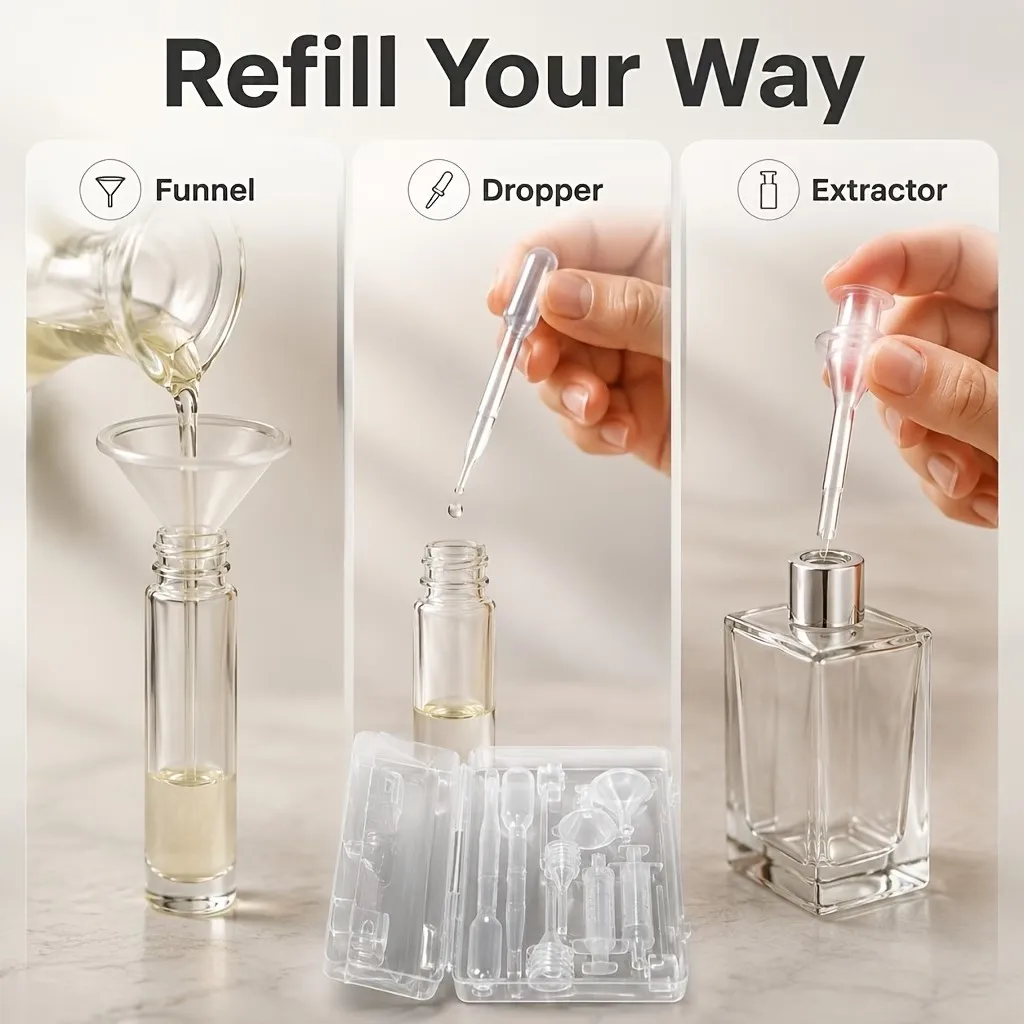 1 Box of Travel Bottles and Containers, Packaging Set with Accessories: DIY Perfume Making Kit, with Storage Box - Includes Transfer Pump, Syringe Extractor, Funnel, Travel Bottle Refill Dropper.