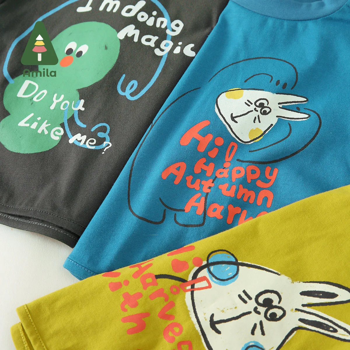 Amila T-shirt for Boy Girl 2023 Autumn New Multi Color Outfit 100% Cotton Fashion Round Neck Baby Clothes Breathable Baby\'s