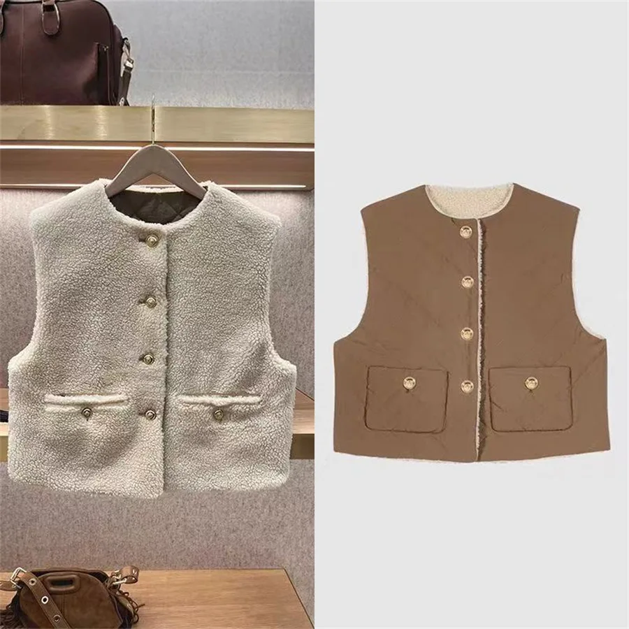 

【Бесплатный подарок】 2025 осенне-зимний милый двусторонний стеганый жилет из искусственной овечьей шерсти с круглым вырезом и металлическими пуговицами