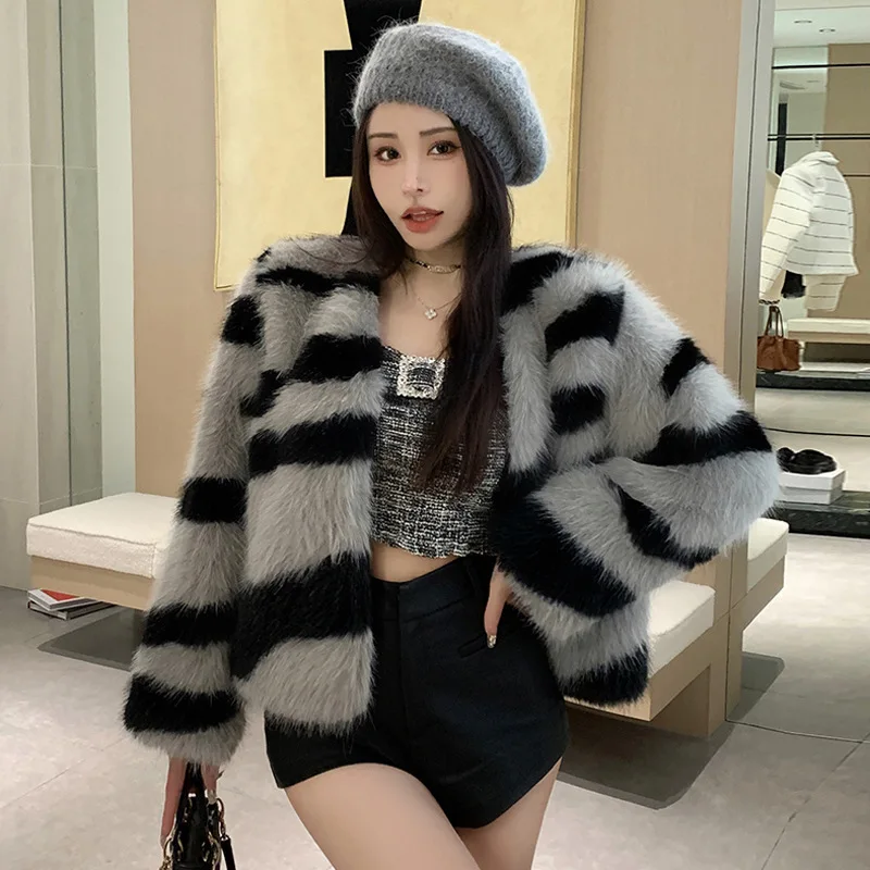 

Women's Zebra Print Imitation Fox Fur Coats, Korean Version, Environmental Friendly Maomao Jackets, Autumn and Winter Fashion