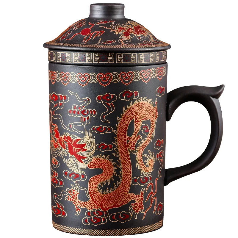 Handmade Yixing Dragon/Beauty Purple Clay Tea Mug with Lid and Tea Infuser Tea Cup Office Water Cup Gift Mug Drinkware