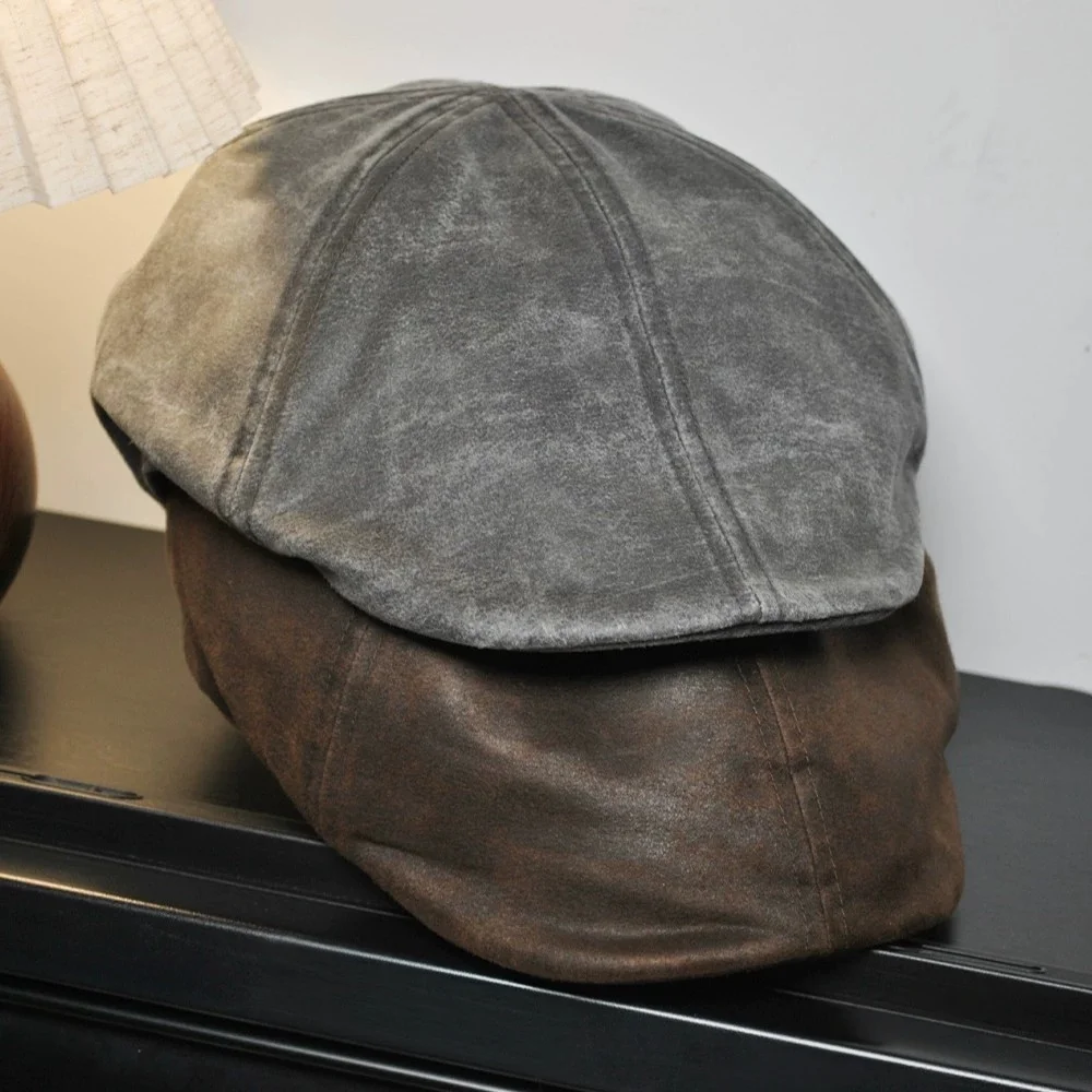 Vintage Washed Leather Baseball Cap: Stylish and Versatile Distressed Suede Baseball Cap and Versatile Beret