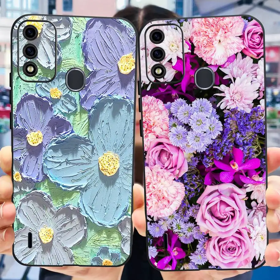 For ITEL A48 Case 2020 Silicone Soft Cover Fashion Flower Bumper Black Phone Cases For ITELA48 A 48 Back Covers Shockproof Coque