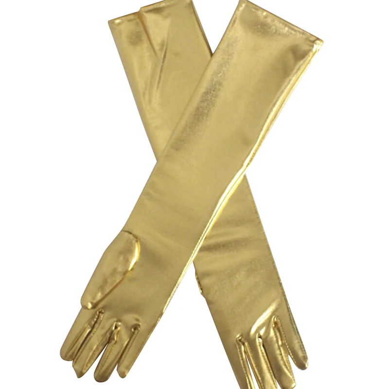 Gold Color Wet Look Fake Leather Metallic Gloves Evening Party Performance Mittens Women Sexy Elbow Length Long Latex Gloves