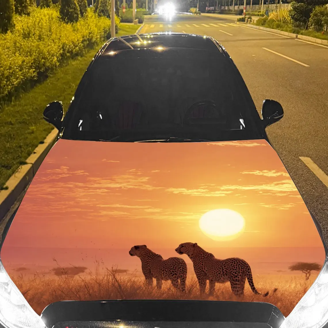 Car Decals Sunset & Cheetahs Car Hood Sticker, Waterproof Self - Adhesive Vinyl Graphics Decals, Decorative Protective & Scratch