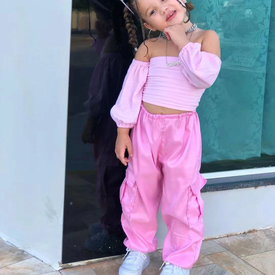 

New Girls Clothes Sets Boat Neck Off Shoulder Long Sleeve Pink Crop Tops + Cargo Pants Kids Children Clothing Sets For 2-7 Years