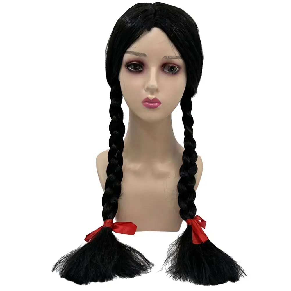 Kids Black Double Braid Flat Bangs for Girls Wednesday Role-playing Synthetic Wig Suitable for Parties Girl Wednesday Cosplay