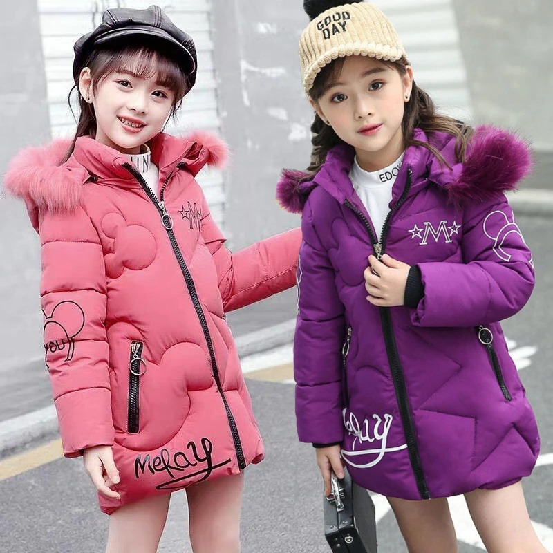 

3-12 Years Winter Teen Girls jacket Long Style Letter Decoration Detachable Hat Lined With Velvet Hooded Thick Coat For Kids